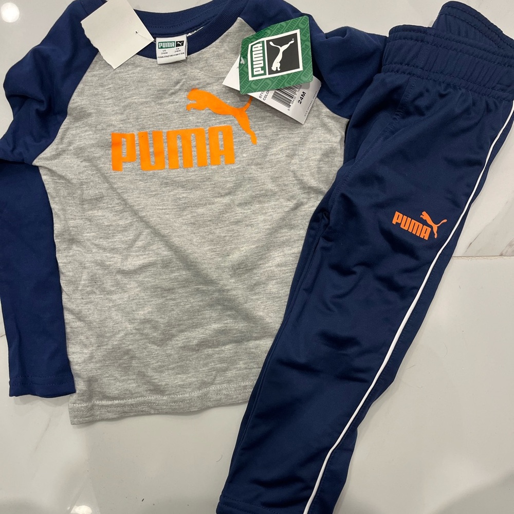 Puma Kids' Gray and Blue Tracksuit with Orange Logo